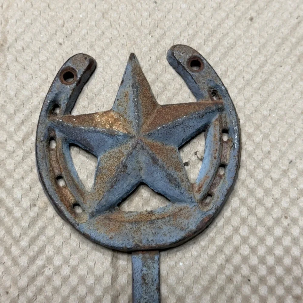 Rustic Cast Iron Horseshoe Texas Star Wall Hook Western Farmhouse‎ Decor Brown